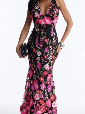 Black Floral Embroidered Halter Maxi Dress - Pink Floral